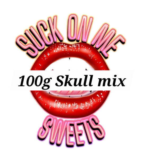 Skull sweets - 100g, comes in 7 flavours, minimum of 300g, and will all be put in the same bag
